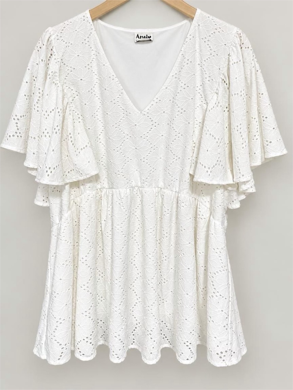ARULA White Eyelet V-Neck Top with Flutter Sleeves